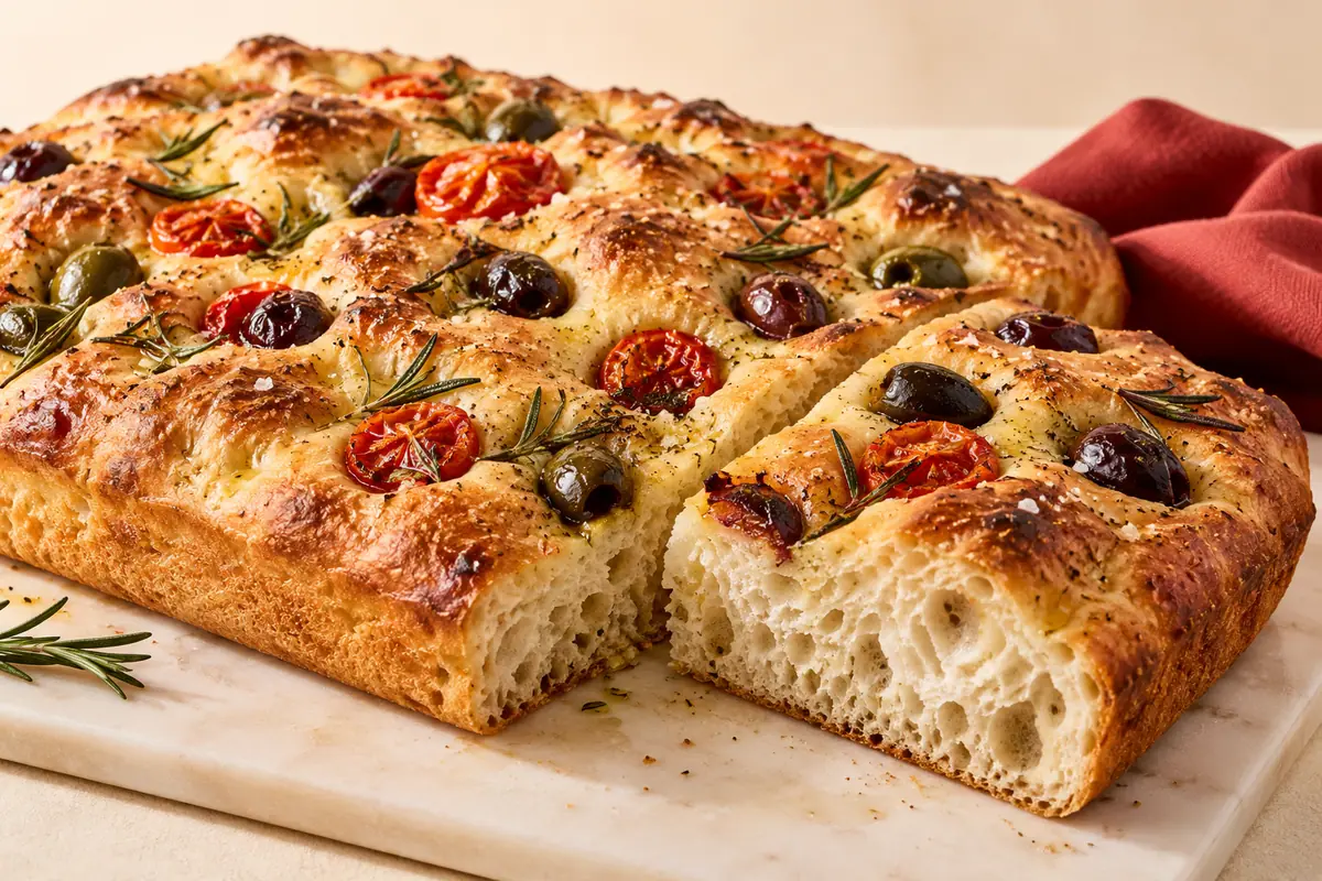 Tomato & Olive Focaccia: olive oil & rosemary