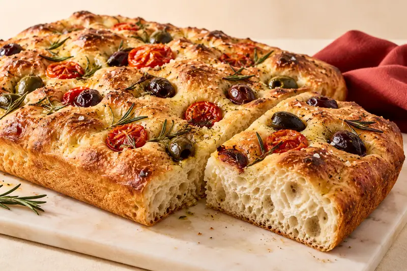 Tomato & Olive Focaccia: olive oil & rosemary